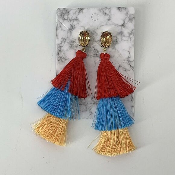 Colorful Three Tiered Tassel Dangle Earrings - Picture 1 of 3